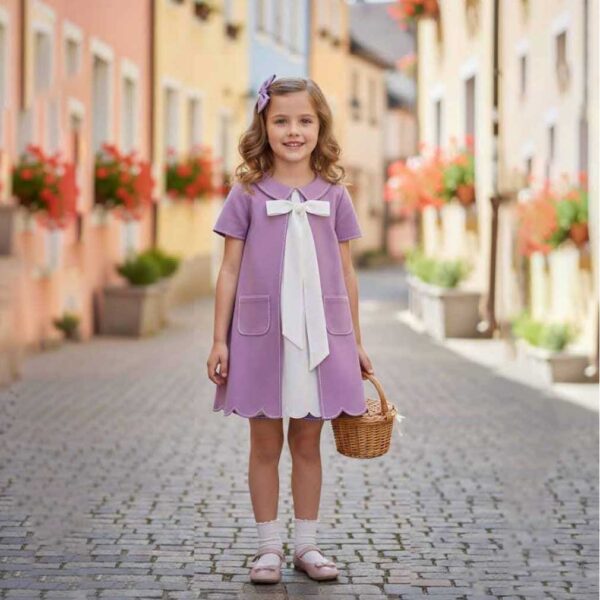Girls' Lavender Purple Dress Pan Collar with White Bow and Scalloped Hem