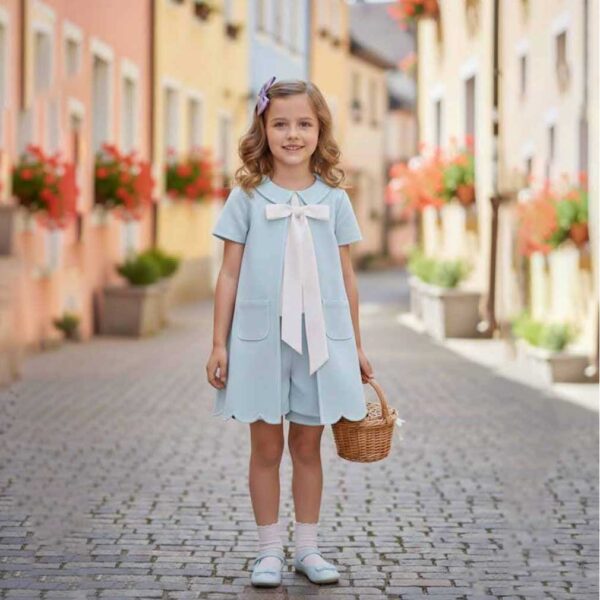 Girls' Sky Blue Peter Pan Collar Dress with Scalloped Hem and White Bow
