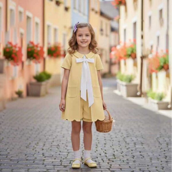 Girls' Yellow Peter Pan Collar Dress with Scalloped Hem and White Bow